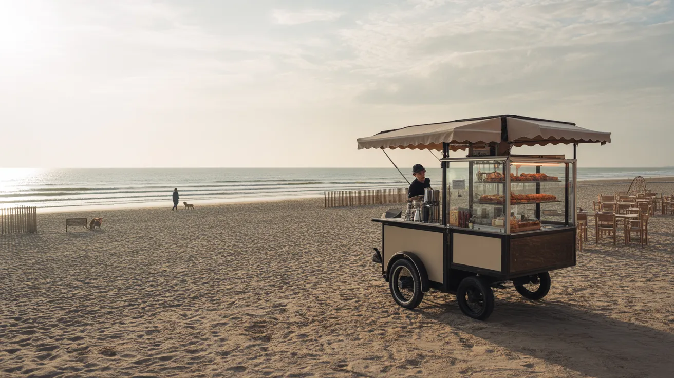 Triporteur Aloha Omaha Cafe sur la plage de Saint Laurent sur mer